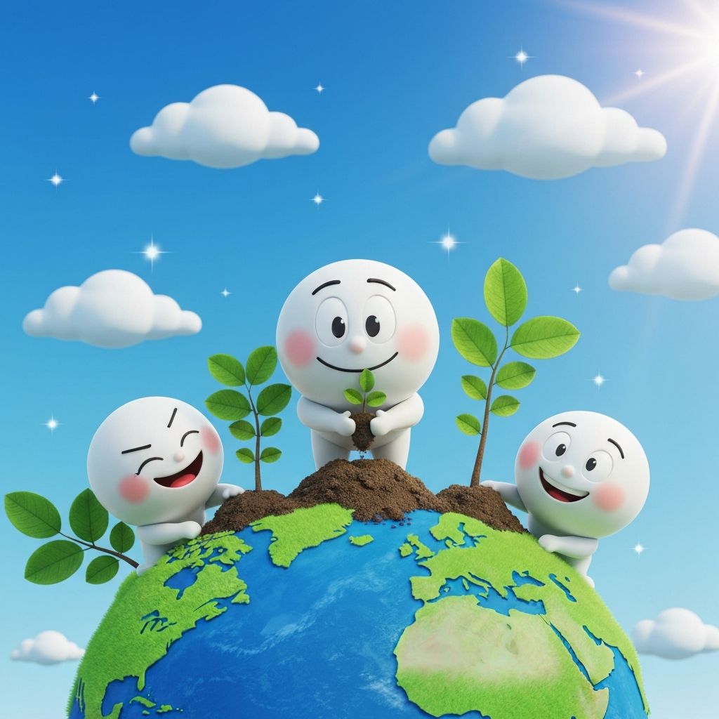 White cartoon characters planting trees on top of Earth